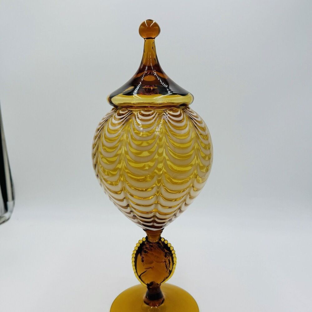 MCM Italy LAVORAZIONE EMPOLI Draped Amber cameo Art Glass Vase Compote Lidded - Picture 9 of 15
